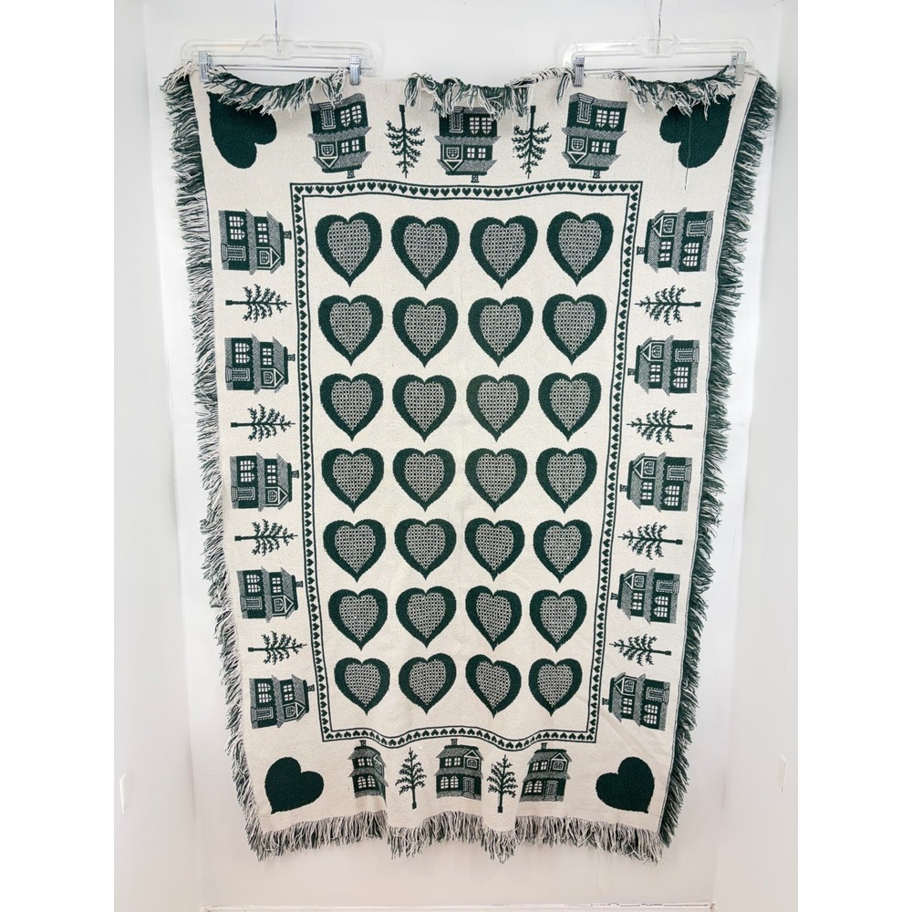 Vintage 1991 Woven Cotton Tapestry Throw Blanket Green Hearts Houses Cottage